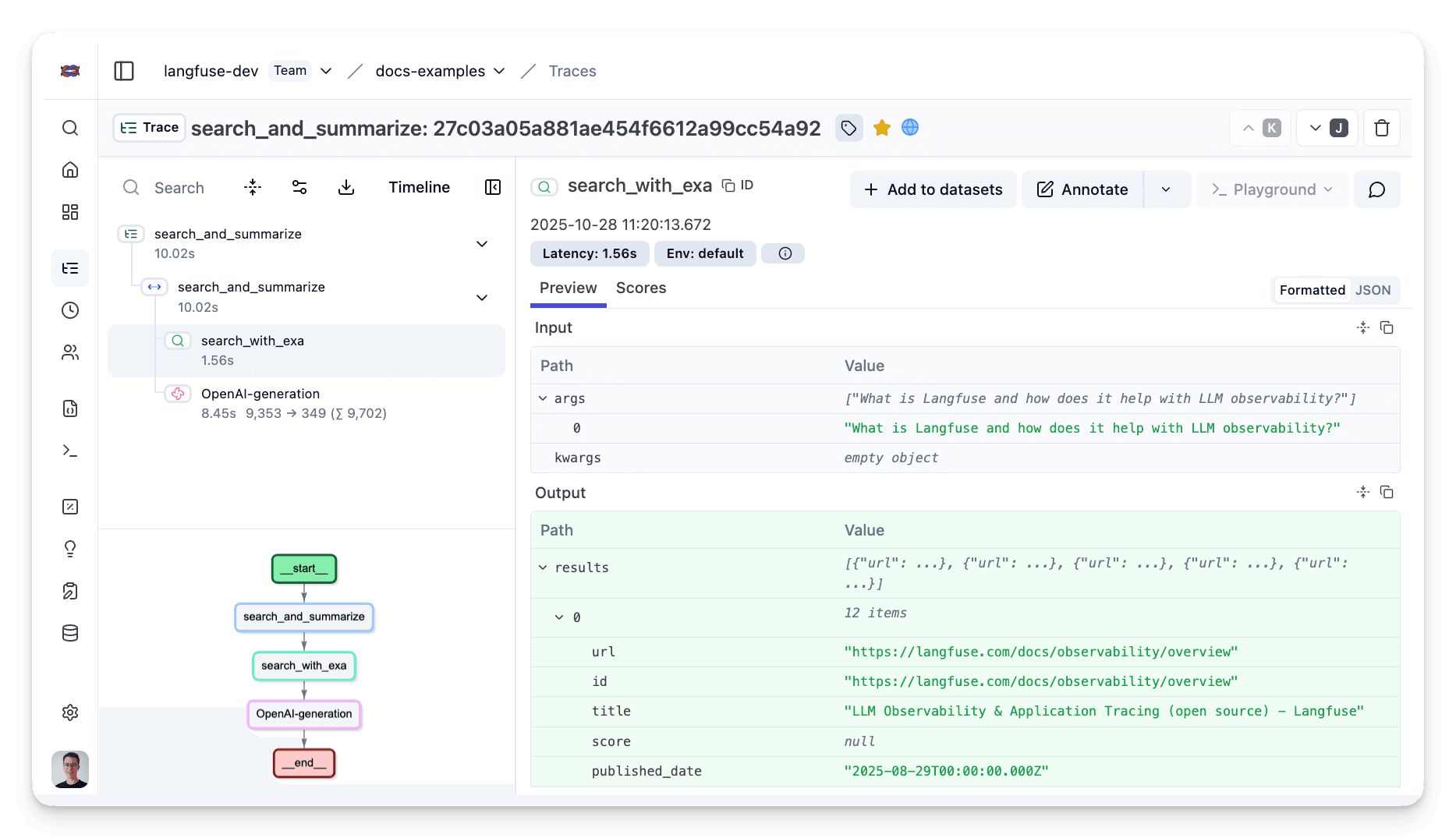 Example trace in the Langfuse UI